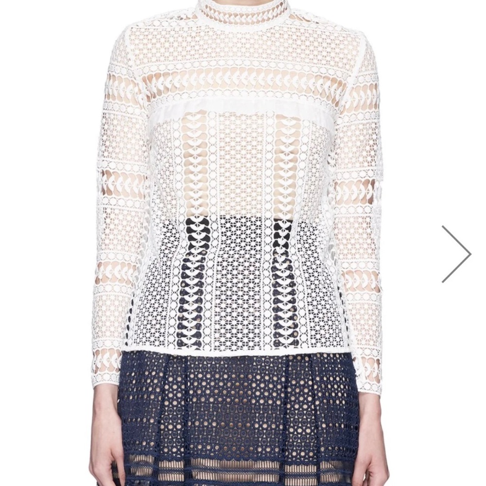 Self Portrait White Contrast Lace Panelled Top Blouse